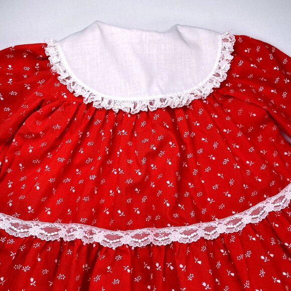 Vintage Peaches 'n Cream Red Floral Full Circle Lace Collared Dress 9m / 12m - Picture 11 of 13